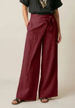 Pantaloni din in petrecuti, croi amplu, talie ajustabila, stil natural elegant, bordo imagine