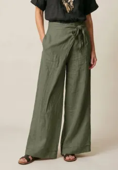 Pantaloni din in petrecuti, croi amplu, talie ajustabila, stil natural elegant, kaki imagine