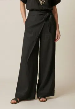 Pantaloni din in petrecuti, croi amplu, talie ajustabila, stil natural elegant, negri imagine