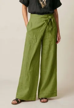 Pantaloni din in petrecuti, croi amplu, talie ajustabila, stil natural elegant, verde oliv imagine