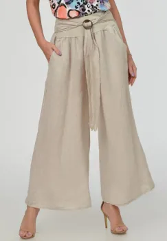 Pantaloni drepi, largi, de vara, din in, cu accesoriu de lemn, bej imagine
