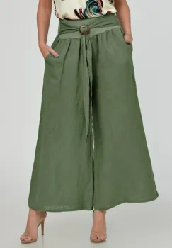 Pantaloni drepi, largi, de vara, din in, cu accesoriu de lemn, kaki imagine