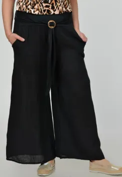 Pantaloni drepi, largi, de vara, din in, cu accesoriu de lemn, negri imagine