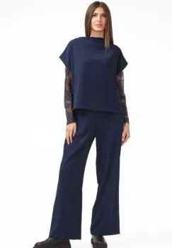 Pantaloni eleganti cu croiala dreapta, lejera, bleumarin imagine