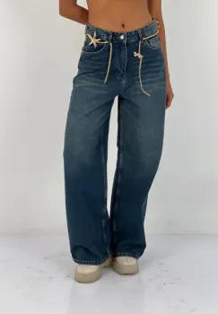Pantaloni jeans denim croiala larga, albastru imagine