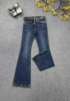 Pantaloni jeans denim CUDI, croiala evazata, cu curea inclusa imagine