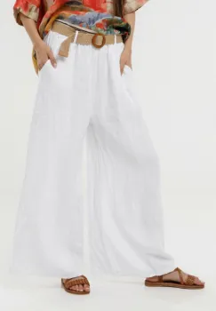 Pantaloni largi de vara, din in albi cu croi lejer si curea din sfoara imagine