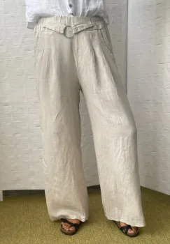 Pantaloni largi de vara din in, cu cerc metalic, bej imagine