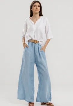 Pantaloni largi de vara, din in cu croi lejer si curea din sfoara, bleu imagine