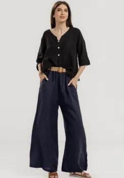 Pantaloni largi de vara, din in cu croi lejer si curea din sfoara, bleumarin imagine