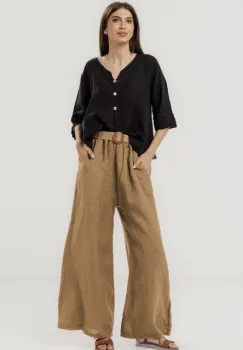 Pantaloni largi de vara, din in cu croi lejer si curea din sfoara, camel imagine