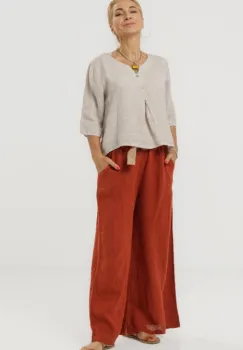Pantaloni largi de vara, din in cu croi lejer si curea din sfoara, caramizii imagine