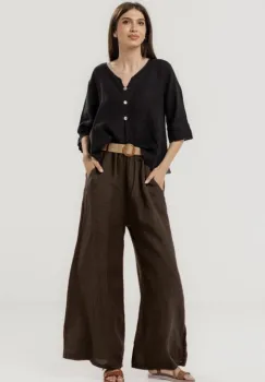 Pantaloni largi de vara, din in cu croi lejer si curea din sfoara, maro imagine
