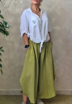 Pantaloni largi de vara, din in, cu croiala ampla si rotunjiri laterale imagine