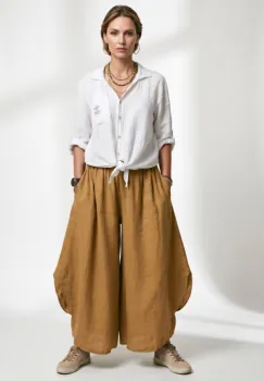 Pantaloni largi de vara, din in, cu croiala ampla si rotunjiri laterale, camel imagine
