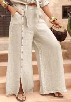 Pantaloni largi de vara, din in, cu nasturi decorativi din lemn pe picior, bej imagine