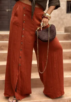 Pantaloni largi de vara, din in, cu nasturi decorativi din lemn pe picior, caramizii imagine