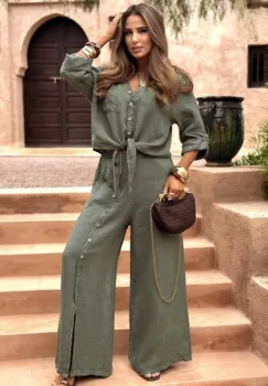 Pantaloni largi de vara, din in, cu nasturi decorativi din lemn pe picior, kaki imagine