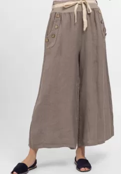 Pantaloni largi de vara, din in, cu nasturi din lemn la buzunare, bej inchis imagine