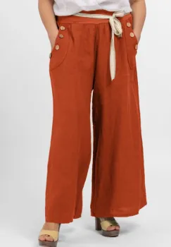Pantaloni largi de vara, din in, cu nasturi din lemn la buzunare, caramiziu imagine