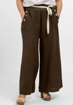 Pantaloni largi de vara, din in, cu nasturi din lemn la buzunare, maron imagine