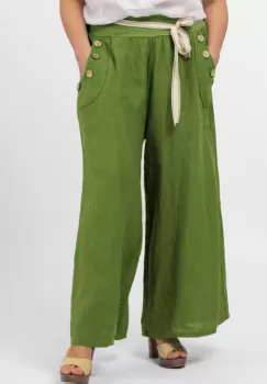 Pantaloni largi de vara, din in, cu nasturi din lemn la buzunare, verde oliv imagine