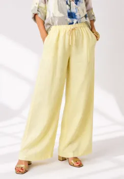Pantaloni largi de vara din in, cu talie elastica, galbeni imagine