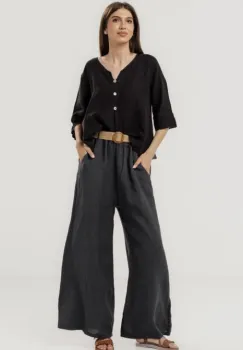 Pantaloni largi de vara, din in gri inchis cu croi lejer si curea din sfoara imagine