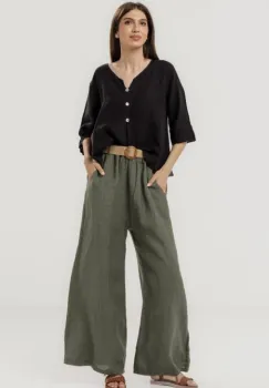 Pantaloni largi de vara, din in kaki cu croi lejer si curea din sfoara imagine
