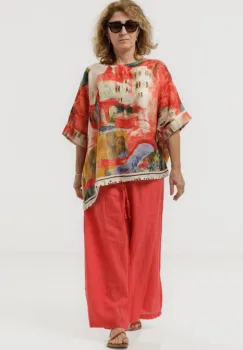Pantaloni largi de vara din in, pentru minione, cu croi lejer, rosu corai imagine