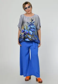 Pantaloni largi de vara, din vascoza si in, albastru electric imagine