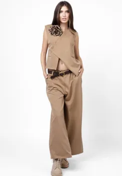 Pantaloni largi si drepti, casual, cu o curea fancy, camel imagine