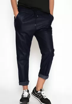 Pantaloni lungi bleumarin din piele ecologica cu snur in talie imagine