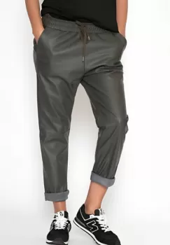 Pantaloni lungi kaki din piele ecologica cu snur in talie imagine