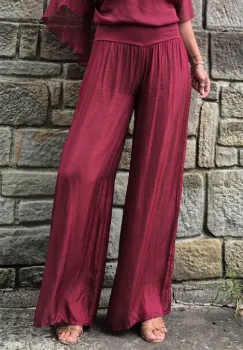 Pantaloni lungi tip palazzo, drepti, cu dublura, din matase si vascoza, bordo imagine