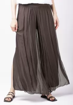 Pantaloni maro din matase naturala cu crapaturi laterale imagine