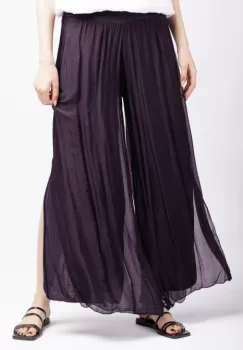 Pantaloni mov inchis din matase naturala cu crapaturi laterale imagine