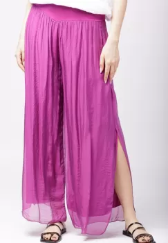 Pantaloni mov zmeura din matase naturala cu crapaturi laterale imagine