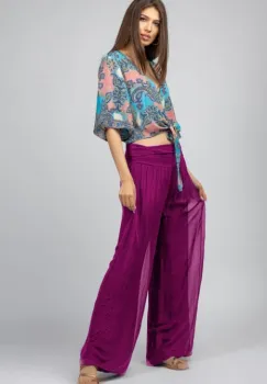 Pantaloni mov zmeura din matase naturala, tip salvari imagine