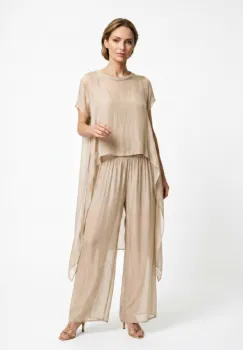 Pantaloni palazzo dama eleganti, largi, din matase si vascoza cu dublura, bej imagine