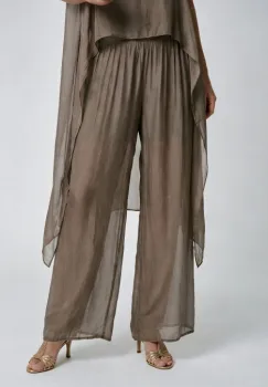 Pantaloni palazzo dama eleganti, largi, din matase si vascoza cu dublura, bej inchis imagine