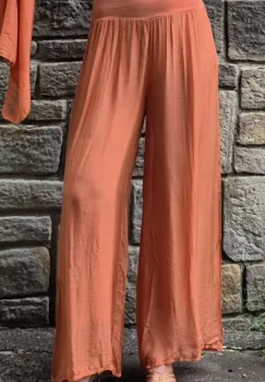 Pantaloni palazzo dama eleganti, largi, din matase si vascoza cu dublura, caramiziu imagine