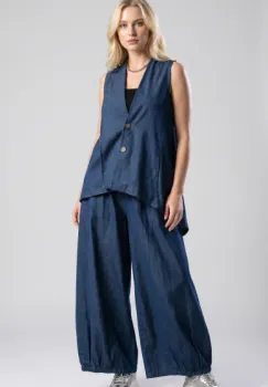Pantaloni palazzo din denim subtire cu croi amplu, bleumarin imagine