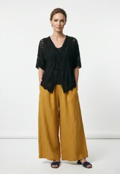Pantaloni palazzo din in cu croi amplu, galben mustar imagine