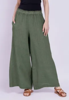 Pantaloni palazzo din in cu croi amplu, kaki imagine