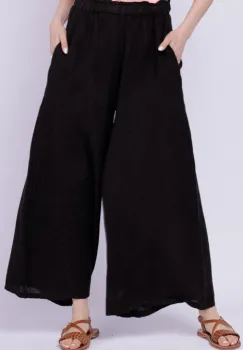 Pantaloni palazzo din in cu croi amplu, negri imagine