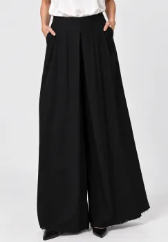 Pantaloni palazzo din vascoza cu pliuri suprapuse si tiv franjurat, negru imagine