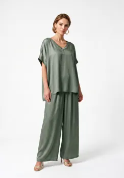 Pantaloni palazzo fluizi din matase si vascoza satinata, kaki imagine