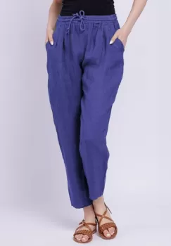 Pantaloni pana din in, cu siret in talie, albastru imagine