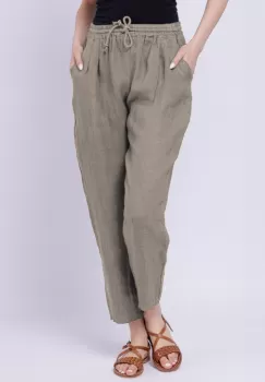 Pantaloni pana din in, cu siret in talie, bej inchis imagine